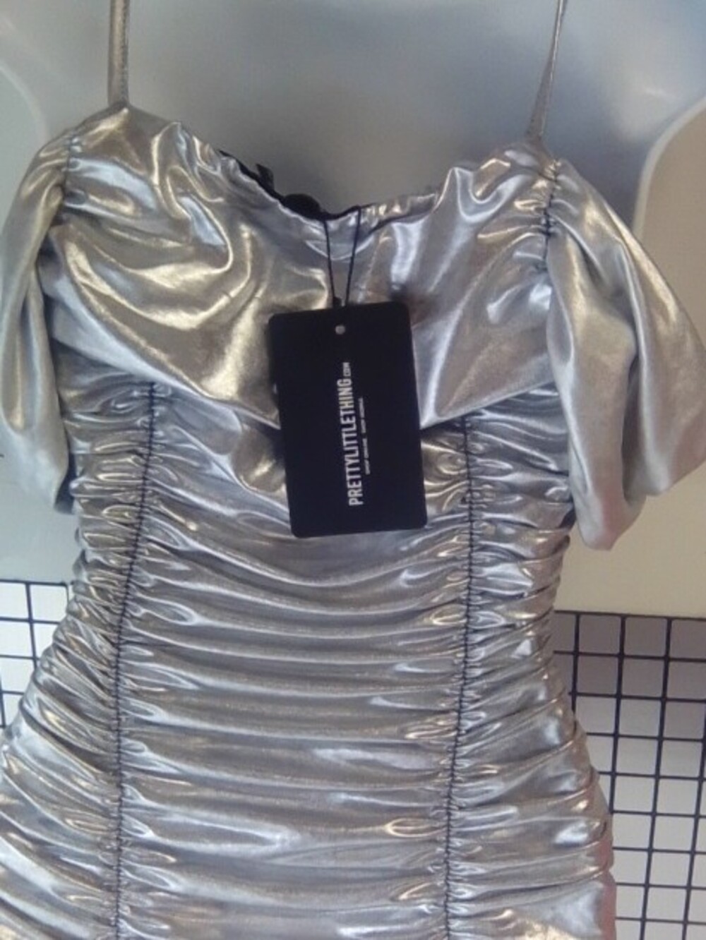 PrettyLittleThing Silver Ruched One-Shoulder Mini Dress - Picture 3 of 9